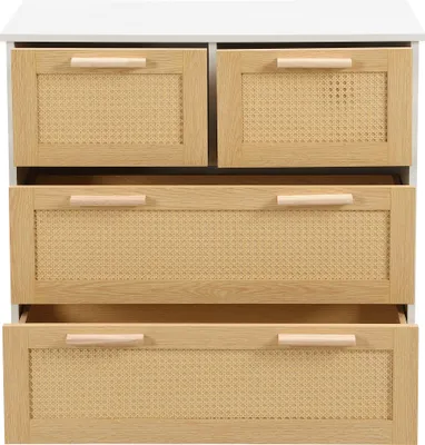 Produktbild von Flieks Kommode mit 4 Schubladen, Rattan Kommoden Sideboard mit Massivholzgriffen, Wohnzimmerschrank Schubladen Kommode, Naturbelassen, Weiß