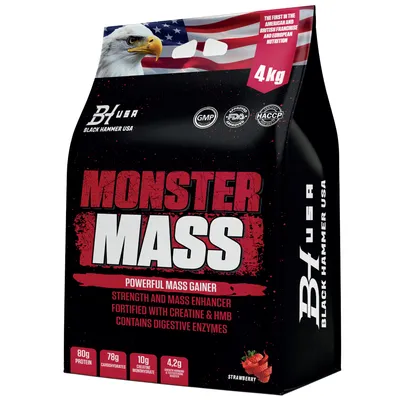 Produktbild von MONSTER MASS Weight Gainer 4kg Erdbeere | High Calorie Gainer mit Creatin & HMB für Muskelaufbau | Black Hammer USA
