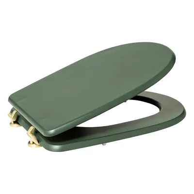 A green toilet seat with gold hinges is shown against a white background.