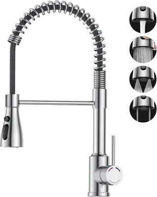 Produktbild von Küchenarmatur mit ausziehbarer Duschbrause, 3 Strahlarten, Wasserhahn, Küche, 360° schwenkbar, L-Form, Edelstahl, Spültischarmatur, Einhebelmischer, Küchenmischer für Einlochmontage, Hochdruck
