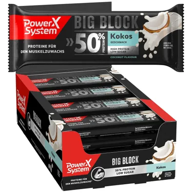 Karton mit 16 Big Block Protein Riegel Kokos