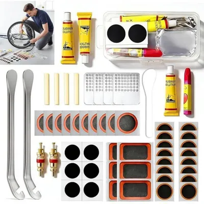 Immagine prodotto di Kit di riparazione pneumatici per bicicletta, 56 pezzi, universale, adatto per biciclette, motociclette, auto e BMX