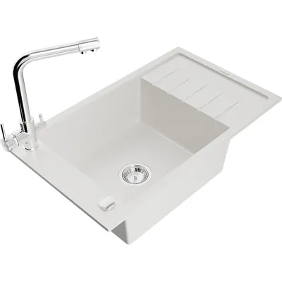 Zdjęcie produktu dla Mexen Elias zlewozmywak granitowy 1-komorowy z ociekaczem i baterią kuchenną Duero, biały - 6511-20-671600-00
