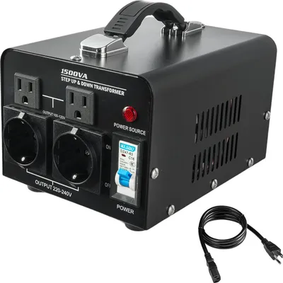 Zdjęcie produktu dla Przetwornica napięcia SucceBuy, 1500VA, transformator podwyższający i obniżający napięcie, konwersja z 110 V na 220 V i 220 V na 110 V, z gniazdami US i EU, kablem sieciowym i wyłącznikiem automatycznym