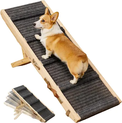 Produktbild von Hunderampe aus Holz mit 4 Stufen, verstellbar von 23 cm bis 46 cm, klappbare Rampe für Hunde für Sofa, Auto und Bett, geeignet für mittelgroße und kleine Hunde bis 60 kg