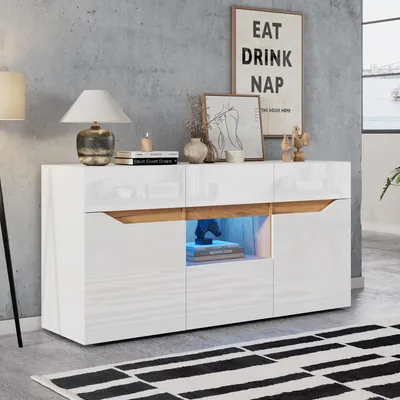 Produktbild von Sideboard, Weiß+Holz, 4 Schubladen, 2 Fächer, grifflos, LED, Hochglanz