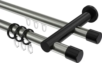 Produktbild von Interdeco Rundrohr-Innenlaufstange / Gardinenstange (Kombination) Edelstahl-Optik / Schwarz, Typ Platon Santo (Kappe), 20 mm Ø 2-läufig, 520 cm
