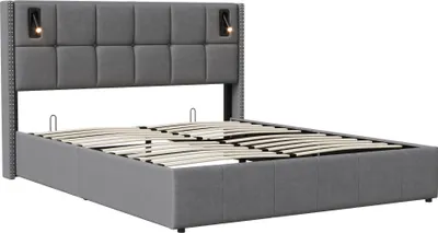 Image de UnboxG Lit rembourré 140x200cm avec LED, Lit Boxspring avec sommier à lattes, Lit double avec rangement, Lit fonctionnel à rangement, Velours, Gris