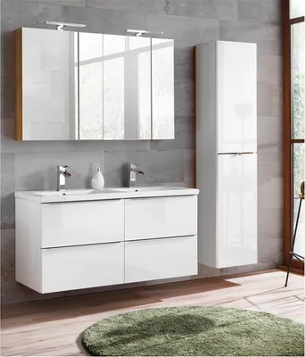Produktbild von Badmöbel Set mit Doppel-Keramik-Waschtisch und 2 Spiegelschränke TOSKANA-56 Hochglanz weiß BxHxT ca. 175/190/46cm