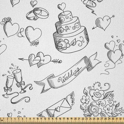 Produktbild von ABAKUHAUS Hochzeit Microfaser Stoff als Meterware , Einfarbige festliche Tagesillustration mit aufwändigen Kuchen-Herzen und Blumensträußen, 1 M (230 x 100 cm), Weiß Schwarz