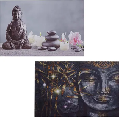 Produktbild von 2er-Set LED-Bild Leinwandbild Leuchtbild Wandbild 40x60cm, Timer  Buddha + Kerzen