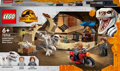 Produktbild von LEGO 76945 Jurassic World Atrociraptor: Motorradverfolgungsjagd, Set mit 3 Dinosaurier-Figuren und Spielzeug-Motorrad für Kinder ab 6 Jahren