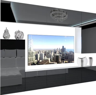 Produktbild von BELINI Wohnwand Vollausstattung Wohnzimmer-Set Moderne Schrankwand mit LED-Beleuchtung Weiß Glänzend Anbauwand TV-Schrank Schwarz Glänzend
