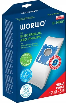 Produktbild von WORWO ELMB01X12, Staubbeutel, Zylinder-Vakuum, Weiß, AEG AirMax, Clario, Ergo Space, JetMaxx, Maximus, PowerForce, SilentPerformer, UltraOne,..., Karton mit Aufhänger, 12 Stück(e)
