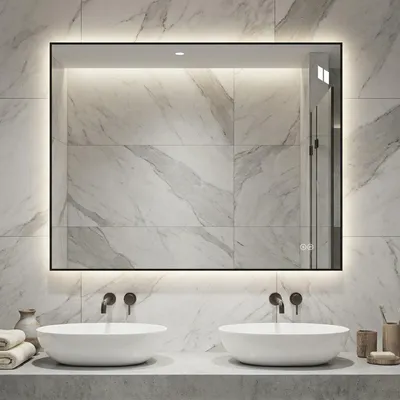 Produktbild von LED Badezimmerspiegel 70x90 cm mit Aluminiumrahmen Hinterleuchtet Anti-Beschlag 3 Lichtfarben Stufenlos dimmbar 5 mm kupferfreier Silberspiegel