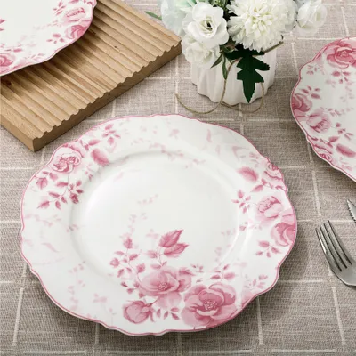 Imagen del producto de Platos de porcelana redondos grandes, con estampado de flores rosas, de 26,7 cm de diámetro, juego de 4, para la cocina