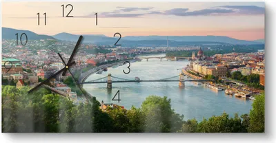 Produktbild von DEQORI Glasuhr 60x30 cm Zahlen 'Blick über Budapest' Wanduhr Glas Uhr Design leise