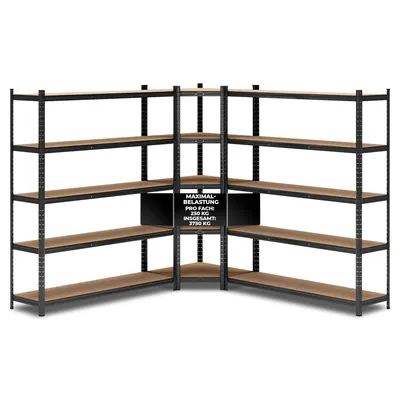 Produktbild von ALL Premium Schwerlastregal Set Schwarz: 1x Eckregal 180x70x40cm & 2x Regal 180x150x40cm, bis 1250 kg, höhenverstellbar, Stecksystem, ideal für Lager,