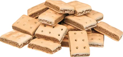 A pile of rectangular biscuits with a darker filling.