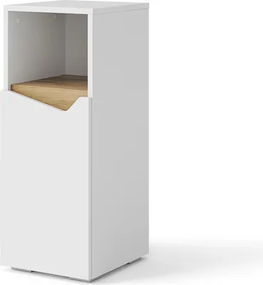 A white cabinet with a wooden shelf and an open compartment, shown against a white background.