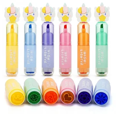Immagine prodotto di Set di 6 pennarelli a tema unicorno con timbri, colori pastello, articoli scolastici kawaii
