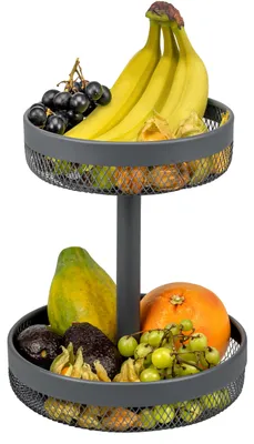 Zdjęcie produktu dla eluno dwupoziomowa okrągła paterka na owoce / kosz na chleb, miska na owoce, kosz na owoce, Ø 20 cm i 25 cm, z szarego metalu