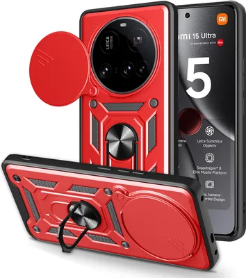A red protective phone case with a camera cover and ring holder is shown from multiple angles, alongside a phone displaying product specifications.