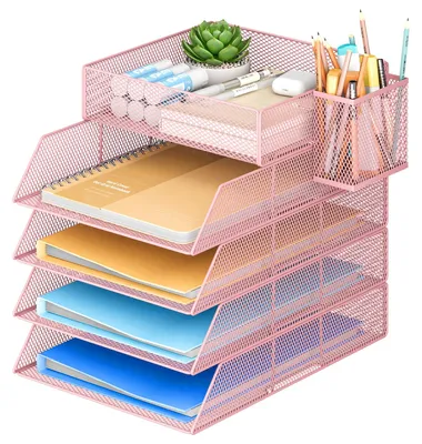 Immagine prodotto di Omgoods - Portariviste impilabile con 4 livelli e sistema di organizzazione per la scrivania - Rosa