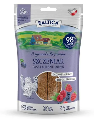 Zdjęcie produktu dla Baltica Przysmaki Regionów 90g Miękkie Paski Mięsne z Indykiem Dla Szczeniąt