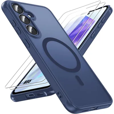 Image de Coque + 2 Verres Trempés pour Samsung Galaxy A55 5G, avec Cercle Magnétique Vitre Caméra - Bleu Marine