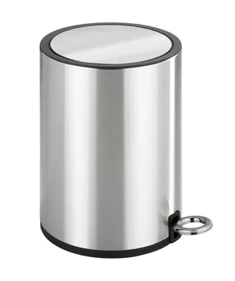 A stainless steel trash can with a pedal.