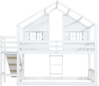 Produktbild von Merax Etagenbett Kinderbett 90x200cm mit Rutsche und Fallschutz, Hochbett Stockbett mit Dach und Fenster, Hausbett aus Kiefer - Sicherheitsgitter Weiß