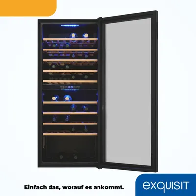 Produktbild von Exquisit Weinkühlschrank 2 Zonen, 78 Flaschen, 194 Liter, Umluftventilator, 9 Holzablagen, Digitale Temperaturanzeige, WS2-78-GTE-160G schwarz