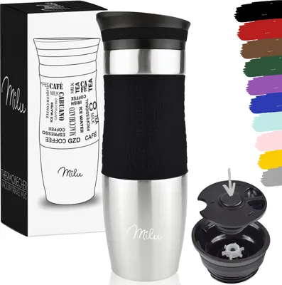 Image de Milu Gobelet thermique Café à emporter, 450ml Gobelet isolant - 100% anti-fuite - Gobelet en acier inoxydable - Gobelet pour voiture double paroi isolation, Noir