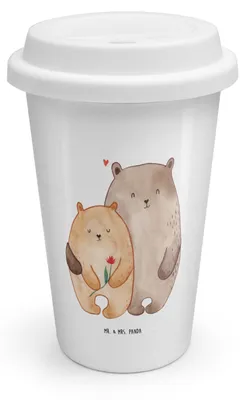 Produktbild von Mr. & Mrs. Panda Thermobecher Bären Liebe - Weiß - Geschenk, ToGo Kaffeebecher, Liebesgeschenk, Blume, To Go, Bär, Mehrwegbecher, Coffee Becher, Hochzeitstag, Verknallt