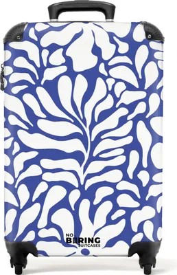 Produktbild von NoBoringSuitcases.com Hartschalen Handgepäck Koffer 55x35x20 cm, 36L, Abstrakte Drucke für Frauen: Blau mit weißen Blumen, Reisekoffer mit 4 Rollen