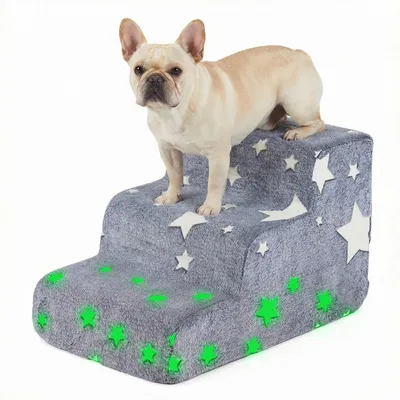 Immagine prodotto di KOMFOTTEU, scala per cani con 3 gradini, illuminata al buio; rampa per cani, realizzata in schiuma ad alta densità con rivestimento lavabile; scala per animali domestici alta 39 cm, antiscivolo, adatta a cani di piccola e media taglia e a gatti, colore grigio