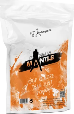 Weißes loses Magnesiumcarbonat in einer weißen Verpackung mit orangefarbenem Aufdruck und schwarzem Mantle-Logo