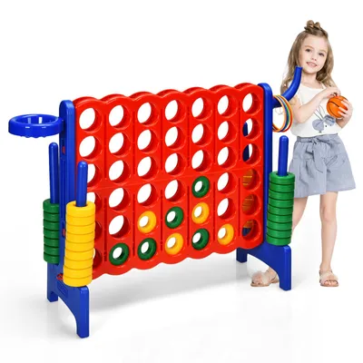 Produktbild von COSTWAY 4 in 1 Riesiges 4 Gewinnt Spielset mit 42 Jumbo Ringen, Rot Blau