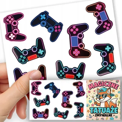 Zdjęcie produktu dla Tatuaże Zmywalne Dla Dzieci Tymczasowe - Wzory Gamer Gamepad Gry - 8 El.
