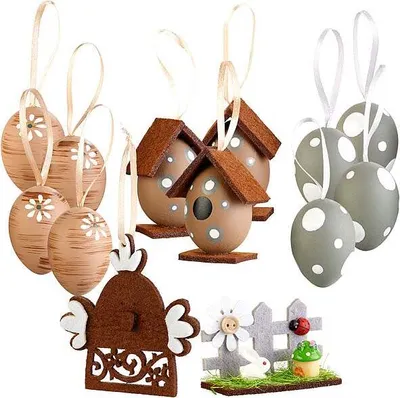 Produktbild von Oster-Deko-Set zum Aufhängen, 13 teilig in Aufbewahrungsbox aus Holz
