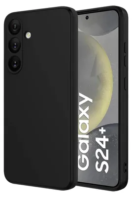 A black phone case is shown in front of a blurred background with text.