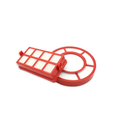 Two red and white vacuum cleaner filters against a white background.