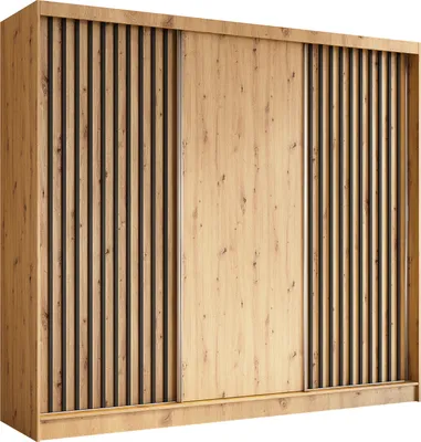 A three-door wardrobe with a slatted design on the outer doors and a plain wooden middle door.