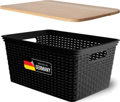 Produktbild von Novaliv Aufbewahrungsbox mit Holzdeckel Groß 14L Korb Schwarz in Rattan Design Lebensmittelecht Aufbewahrungskorb Stapelbox Nestbar Kunststoff BPA-frei Kiste Verstaubbox mit Deckel