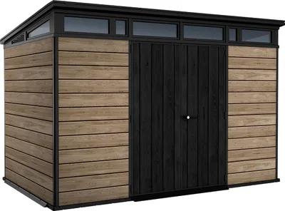 A modern garden shed with horizontal wood-effect siding and black double doors.