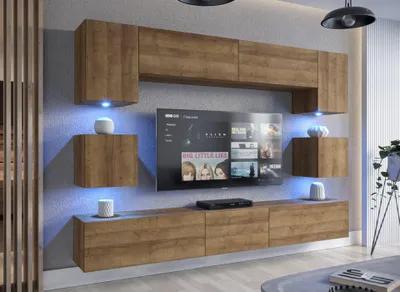 Produktbild von Furnitech Wohnwand Wohnzimmer - Wohnzimmer Möbel mit LED Weiß - Hängend Wohnwand Modern - Wohnzimmer Schrankwand mit Regale und TV Schrank (Nowara AN1-17DZ-M51 1B)