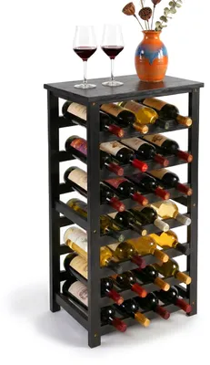 Immagine prodotto di Portabottiglie Relaxdays, 28 bottiglie, legno di noce, L x P x A 94x47x26 cm, portabottiglie per vino rosso e bianco, portabottiglie, nero