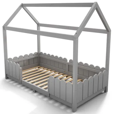 Produktbild von okwish Kinderbett Holzhaus Bett Bodenbett Bettgestell 90x200 Hausbett Baumhausbett Bettenhaus aus Holz （Grau）