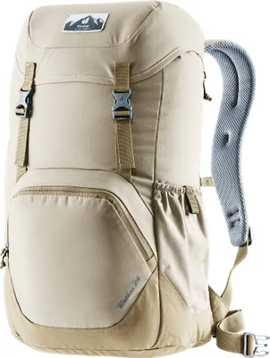 A studio shot of a beige Deuter backpack.